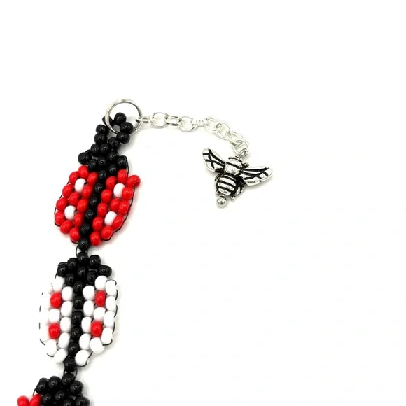 Hand Crafted Beaded Ladybug Bracelet with Bee Charm Red White and Black - Picture 6 of 9